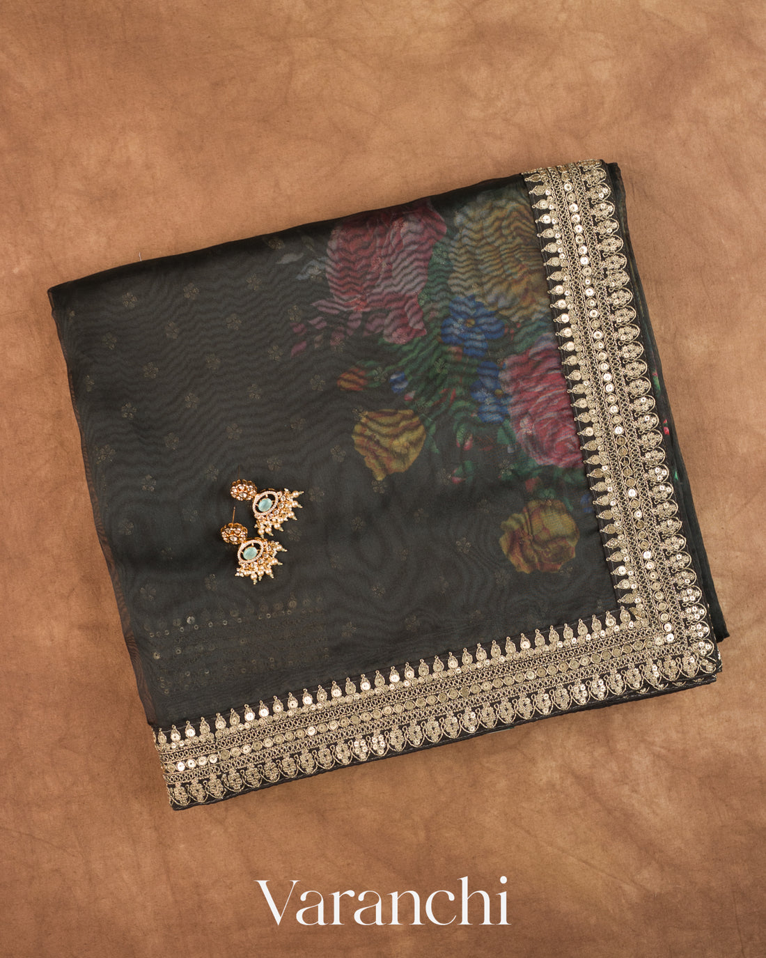 Black Digital Floral Printed Pure Kora Silk Saree — Folded