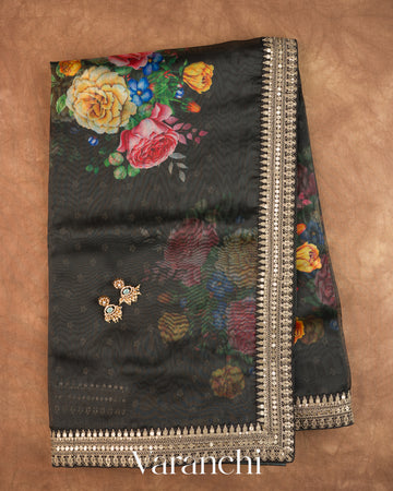 Black Digital Floral Printed Pure Kora Silk Saree — Full Saree