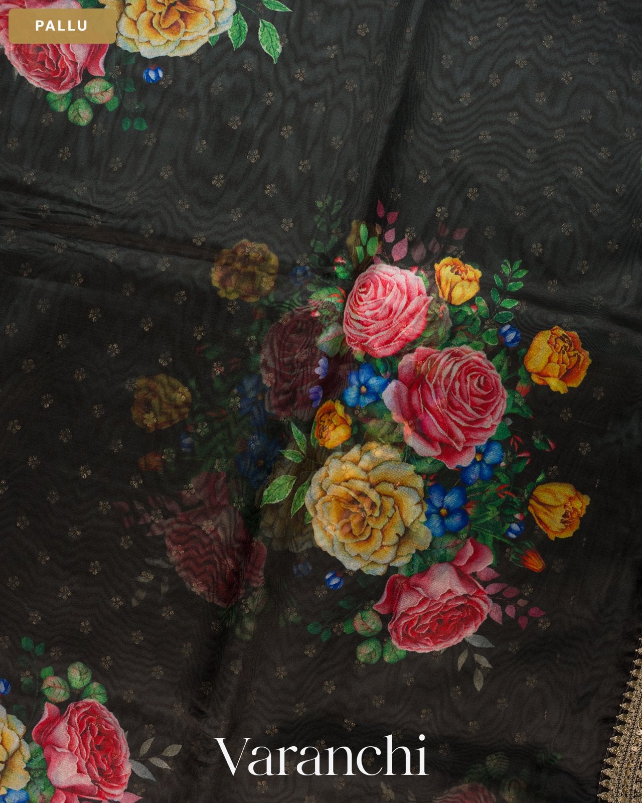 Black Digital Floral Printed Pure Kora Silk Saree — Pallu