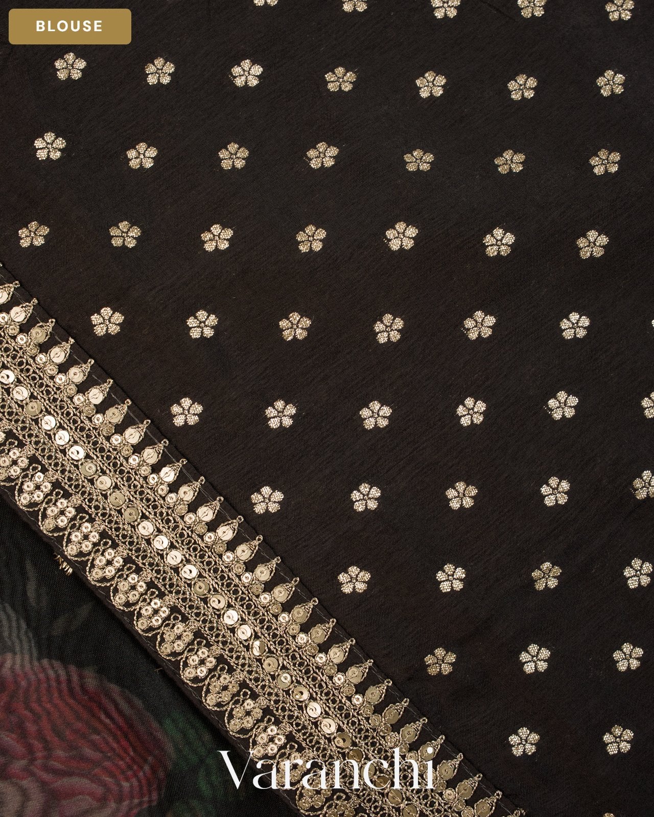 Black Digital Floral Printed Pure Kora Silk Saree — Blouse