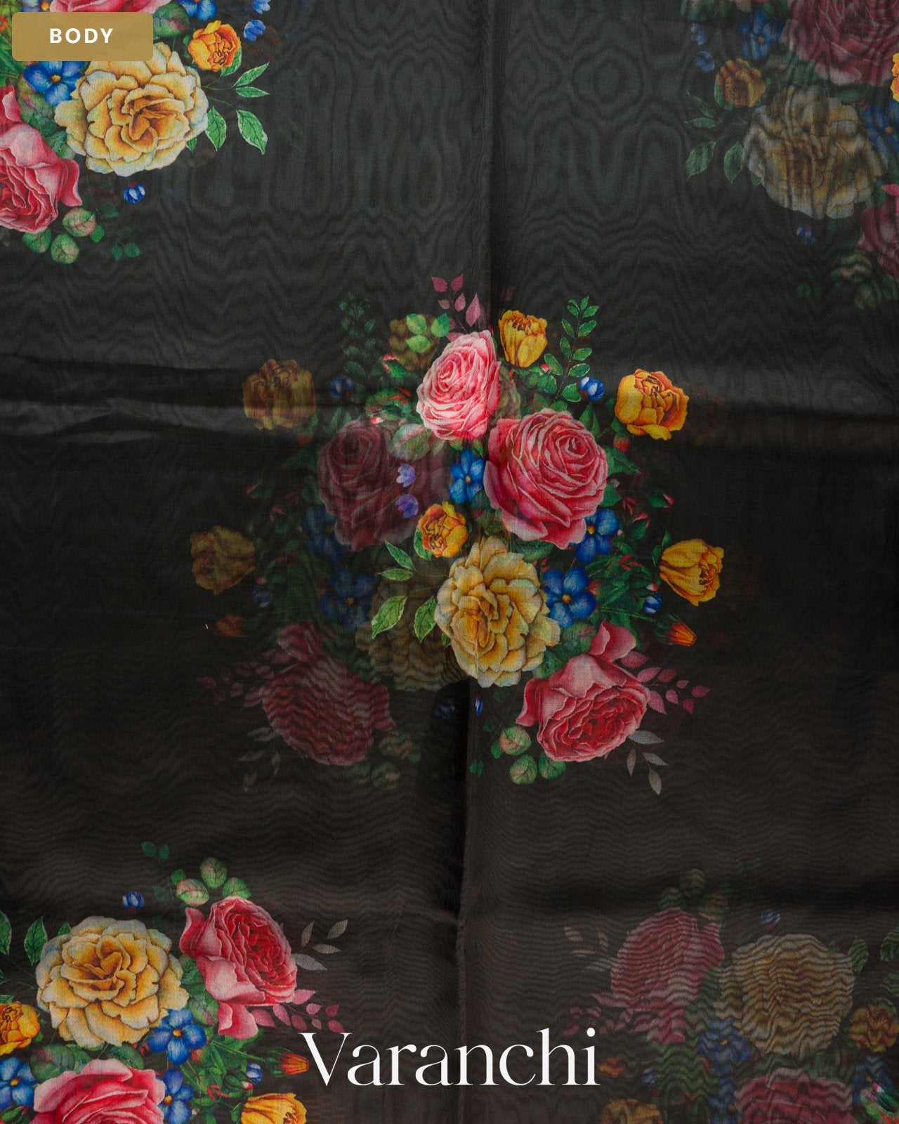 Black Digital Floral Printed Pure Kora Silk Saree — Body