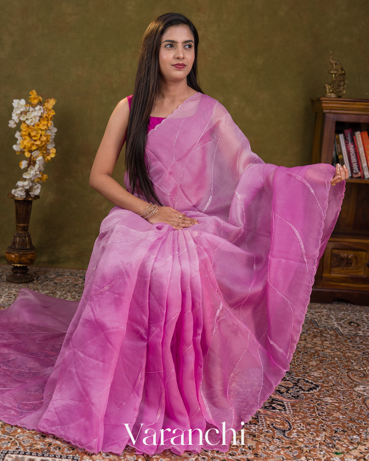 Mauve Pink Scallop Bordered Pure Kora Silk Saree — Draped