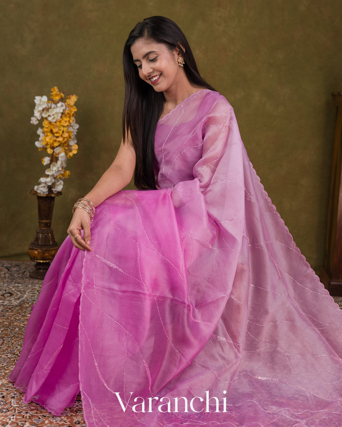 Mauve Pink Scallop Bordered Pure Kora Silk Saree — Draped