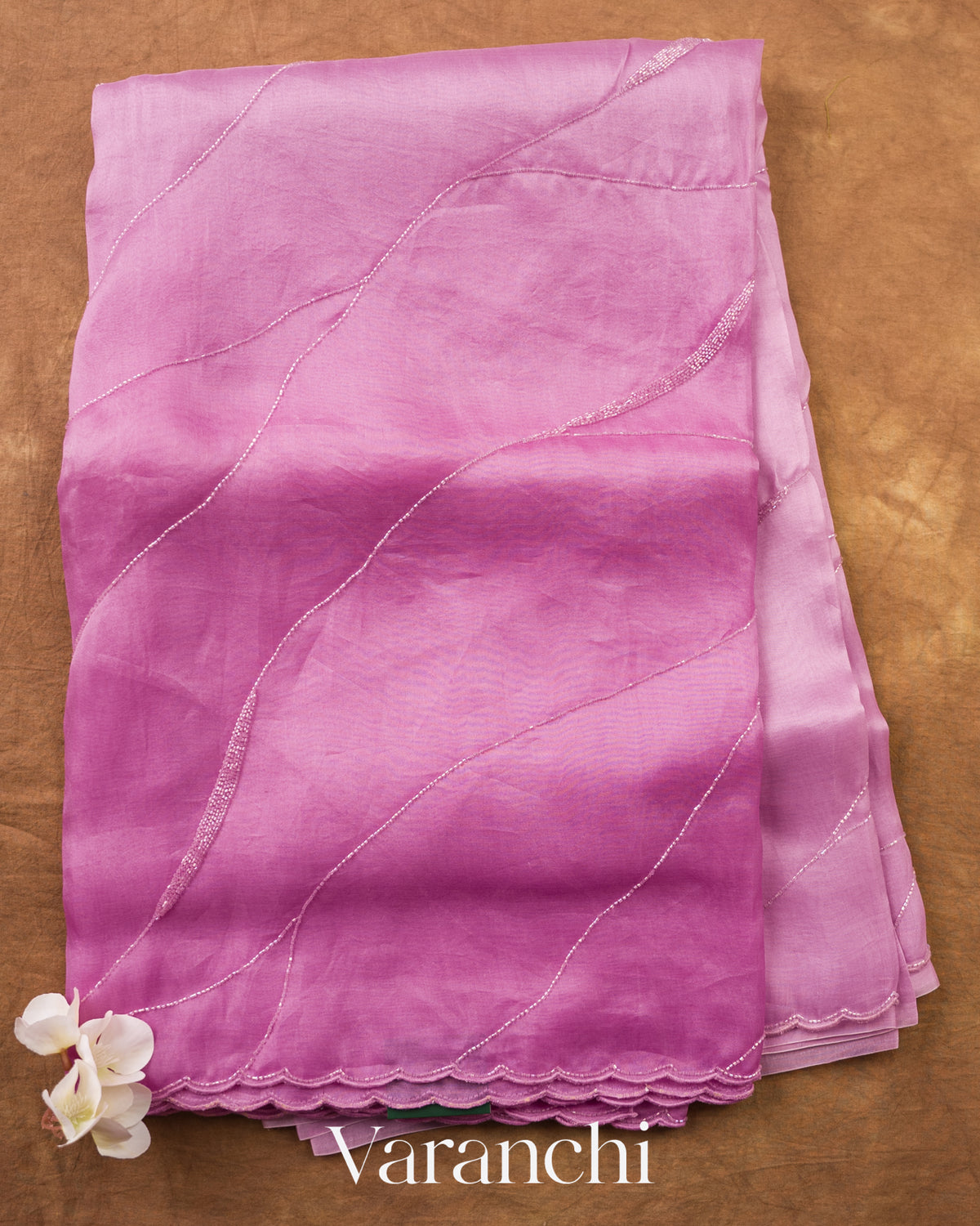 Mauve Pink Scallop Bordered Pure Kora Silk Saree — Full Saree