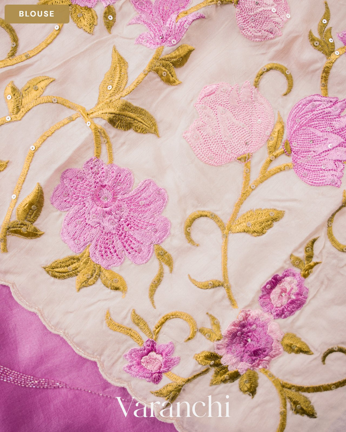 Mauve Pink Scallop Bordered Pure Kora Silk Saree — Blouse