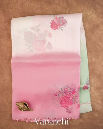Blush Pink Floral Applique with Ombre-dyed Pure Kora Silk Saree — Full Saree