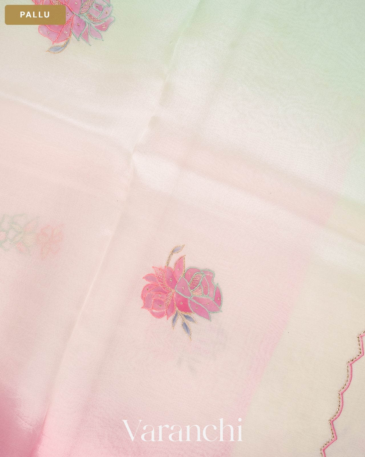 Blush Pink Floral Applique with Ombre-dyed Pure Kora Silk Saree — Pallu