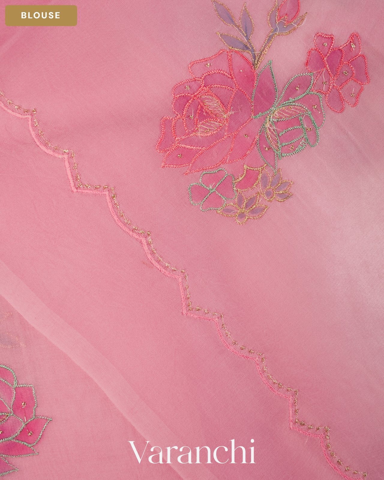 Blush Pink Floral Applique with Ombre-dyed Pure Kora Silk Saree — Blouse