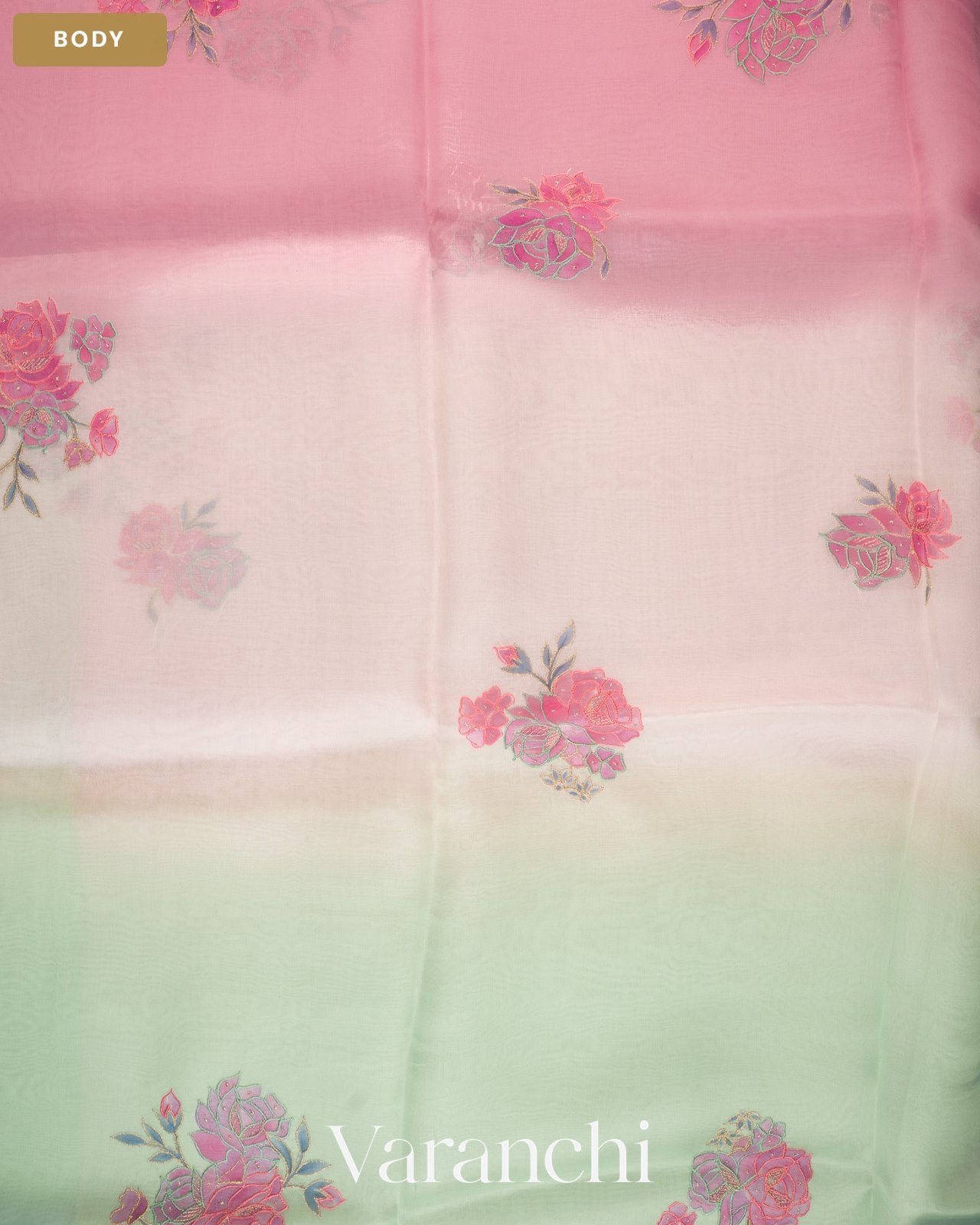 Blush Pink Floral Applique with Ombre-dyed Pure Kora Silk Saree — Body