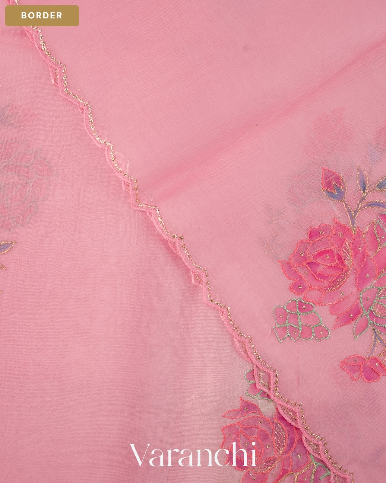 Blush Pink Floral Applique with Ombre-dyed Pure Kora Silk Saree — Border