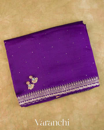Purple Sequin Embroidered Border Pure Kora Silk Saree — Folded