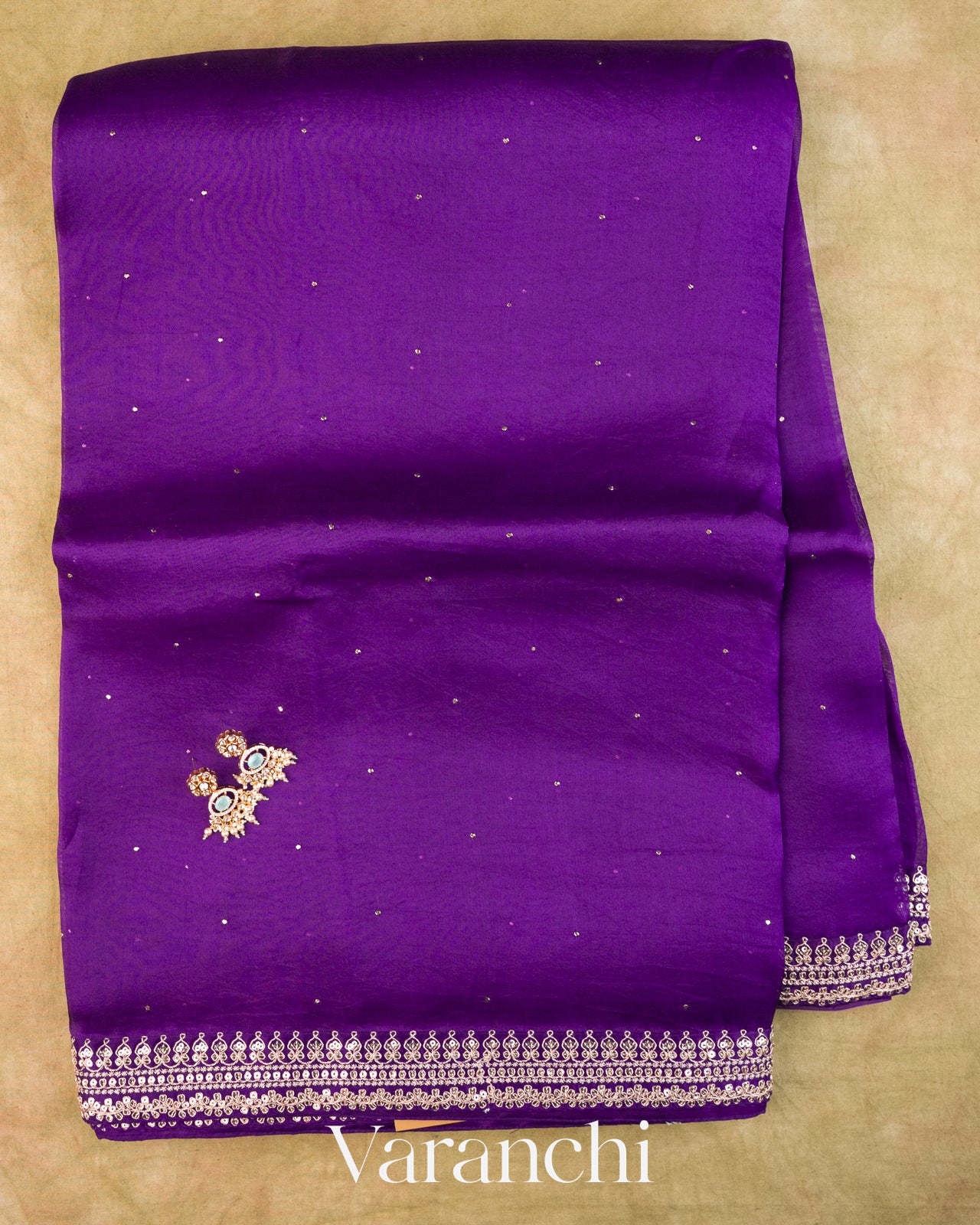 Purple Sequin Embroidered Border Pure Kora Silk Saree — Full Saree