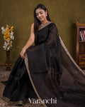 Jet Black Sequin Embroidery Bordered Pure Kora Silk Saree — Draped
