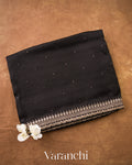 Jet Black Sequin Embroidery Bordered Pure Kora Silk Saree — Folded