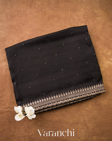 Jet Black Sequin Embroidery Bordered Pure Kora Silk Saree — Folded