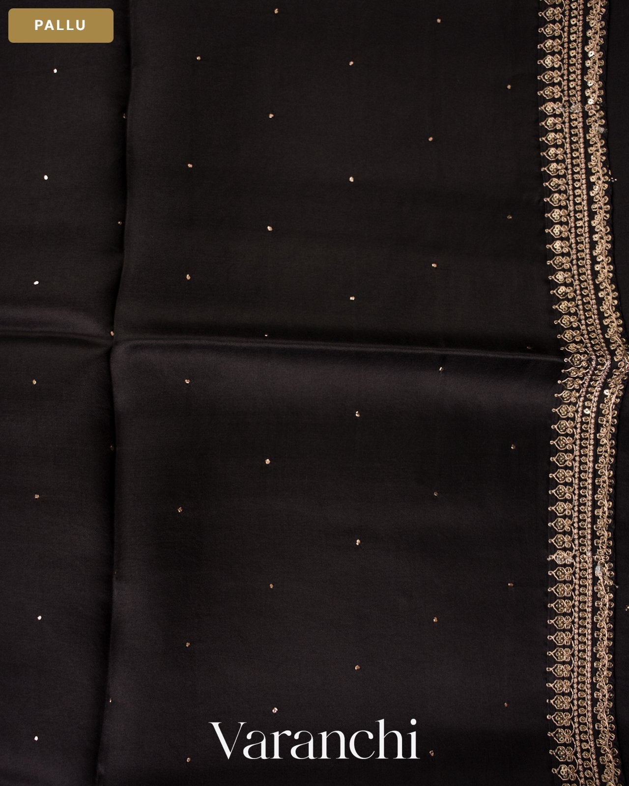 Jet Black Sequin Embroidery Bordered Pure Kora Silk Saree — Pallu