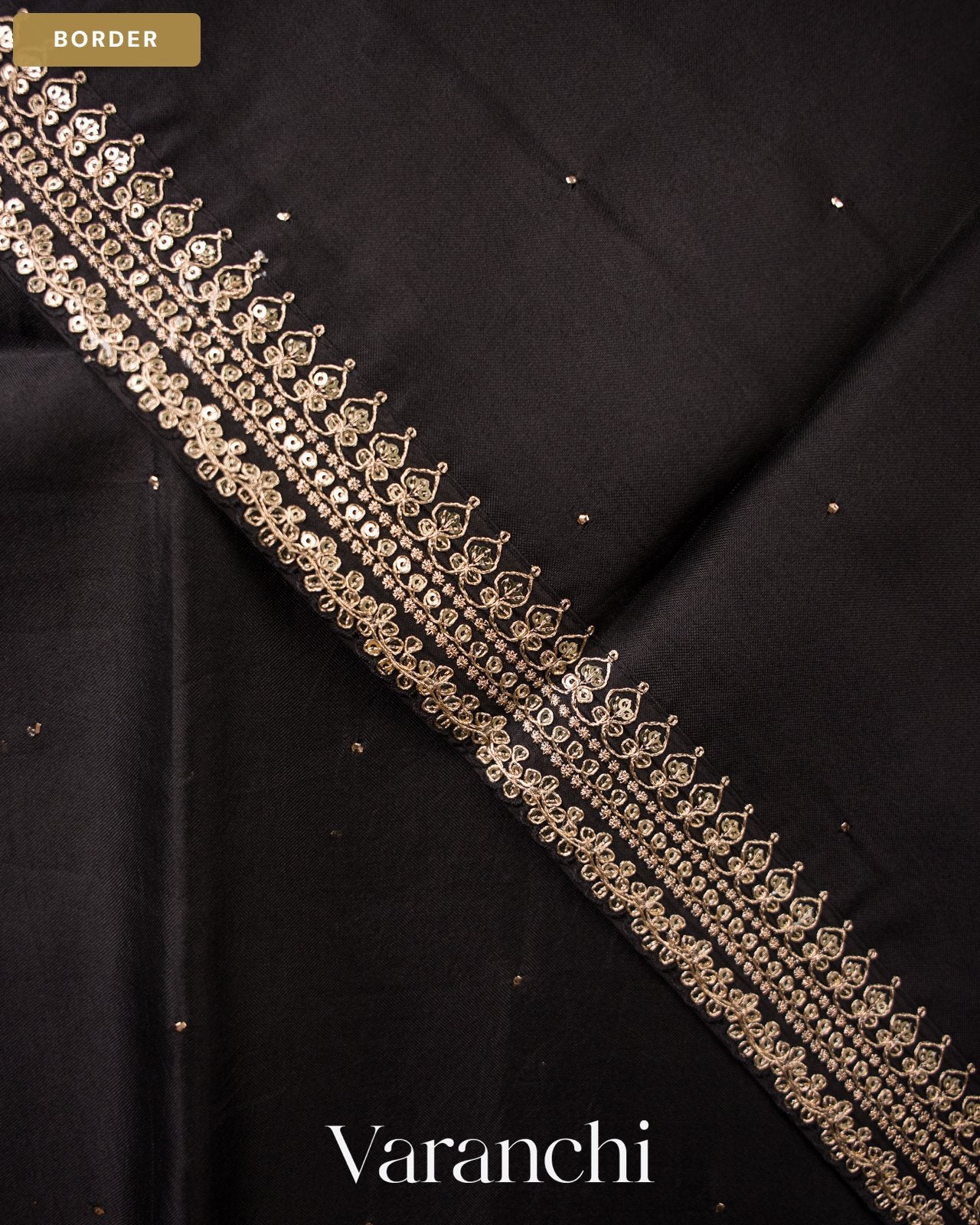 Jet Black Sequin Embroidery Bordered Pure Kora Silk Saree — Border