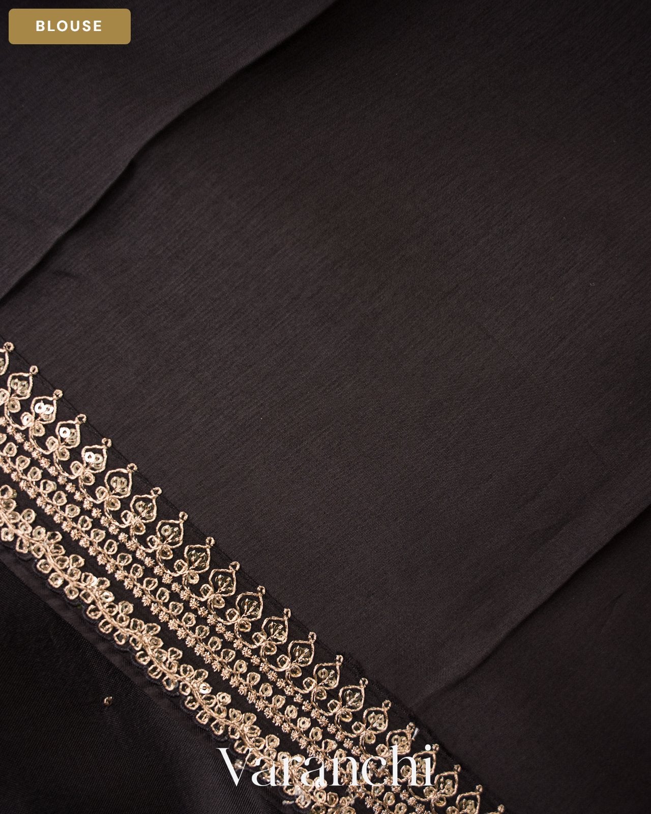 Jet Black Sequin Embroidery Bordered Pure Kora Silk Saree — Blouse