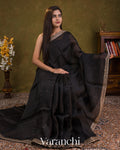 Jet Black Sequin Embroidery Bordered Pure Kora Silk Saree — Draped