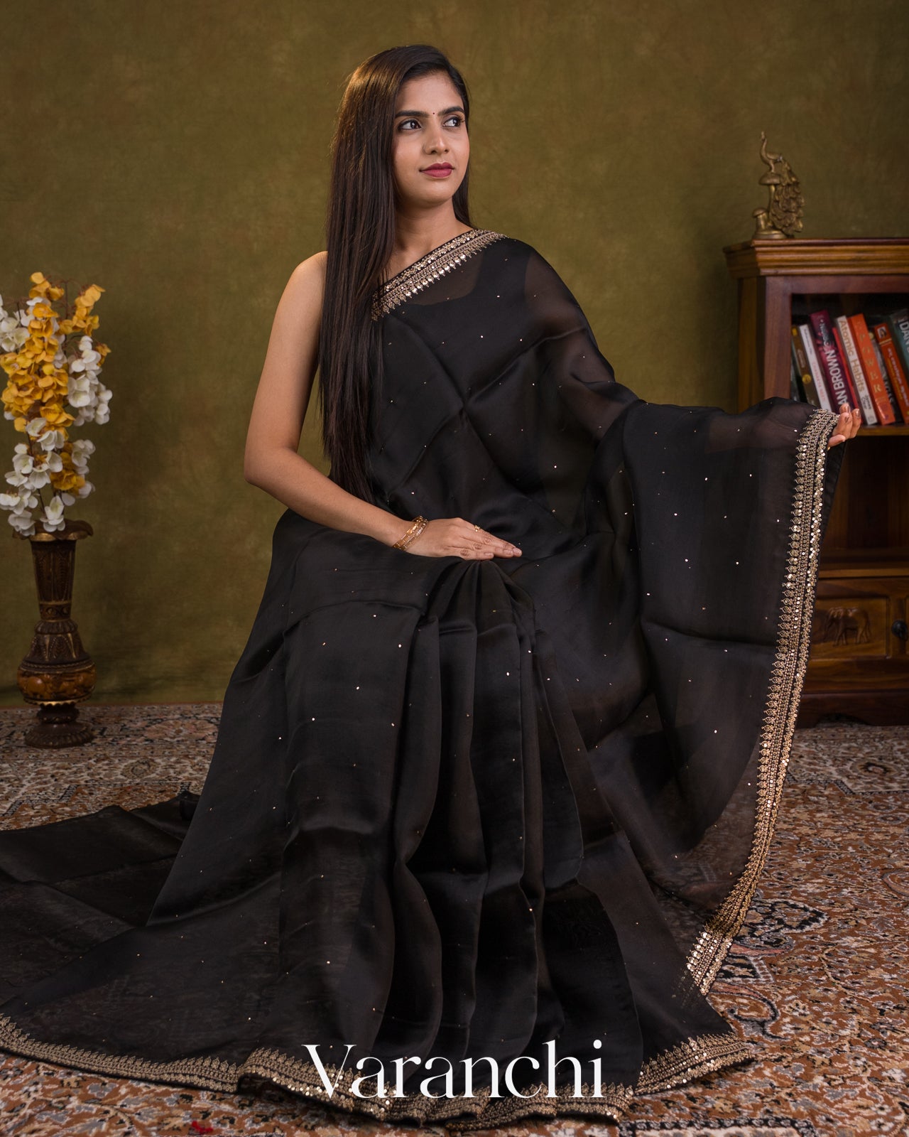 Jet Black Sequin Embroidery Bordered Pure Kora Silk Saree — Draped