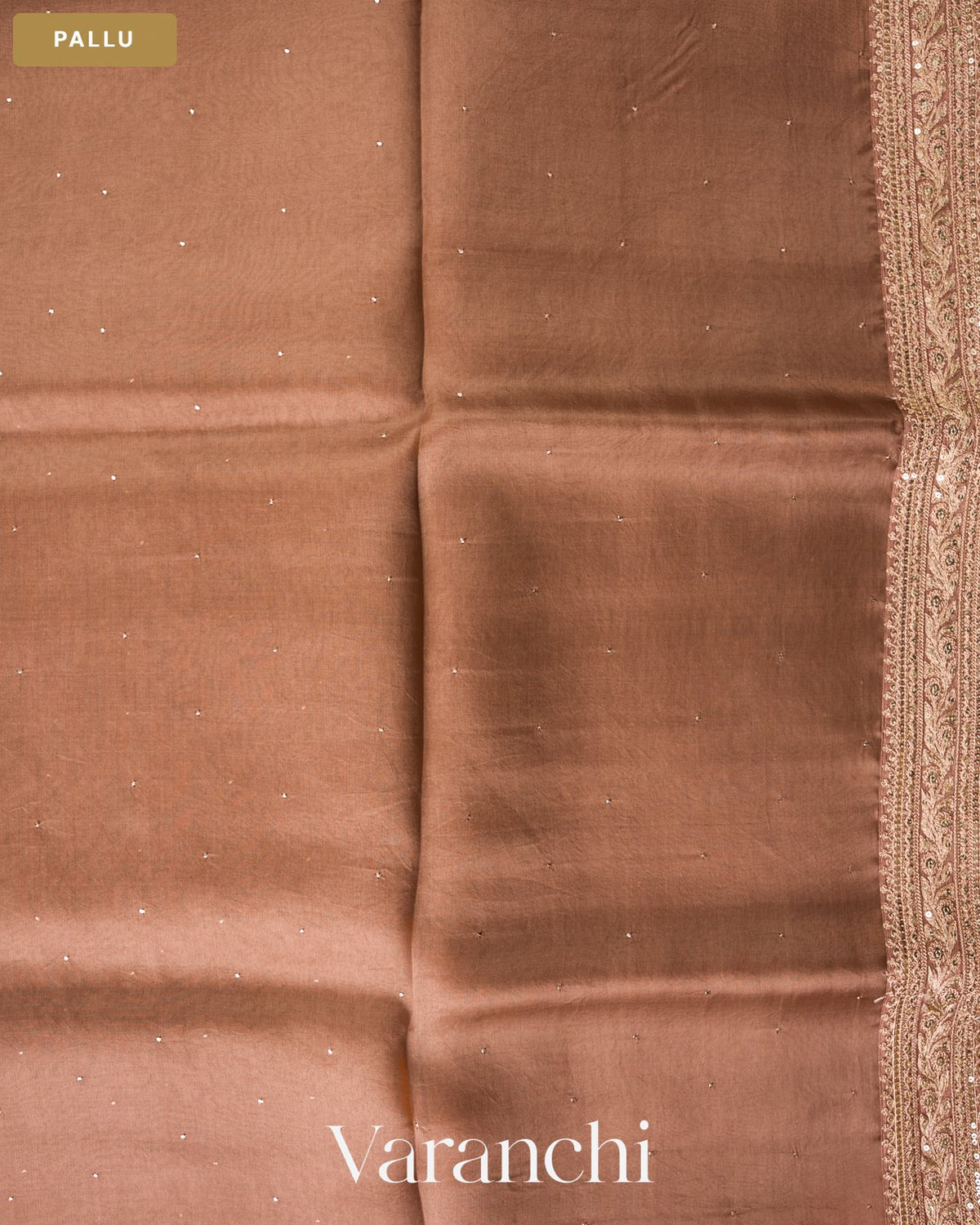 Choclate Brown Sequin Embroidery Bordered Pure Kora Silk Saree — Pallu