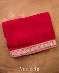 Ruby Red Sequence Bordered Pure Kora Silk Saree — Folded