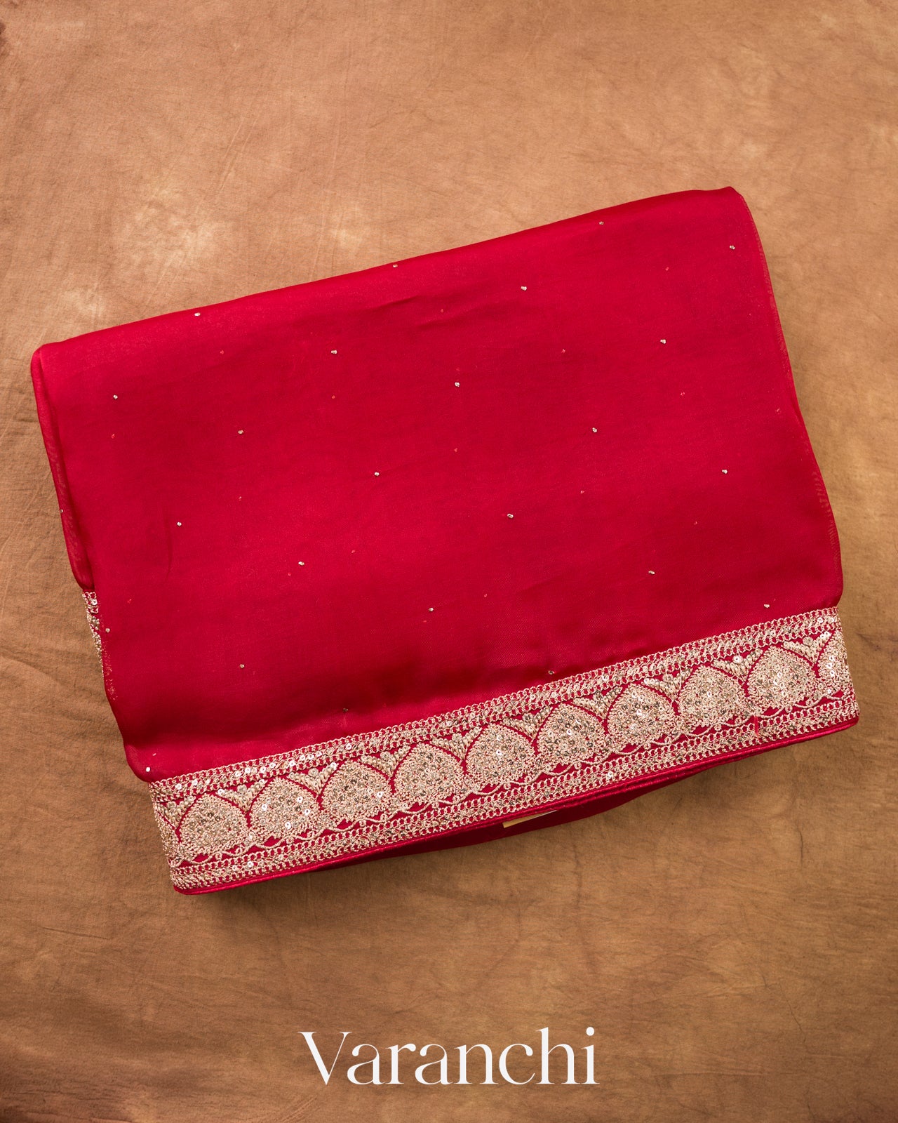 Ruby Red Sequence Bordered Pure Kora Silk Saree — Folded