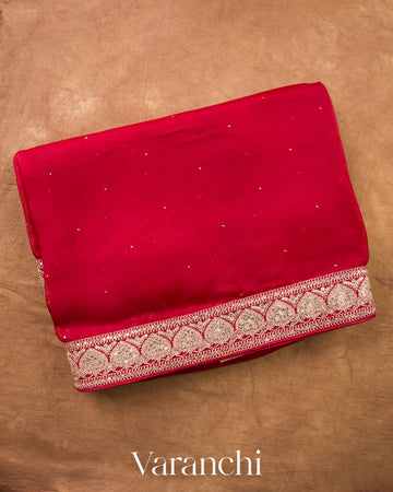 Ruby Red Sequence Bordered Pure Kora Silk Saree — Folded