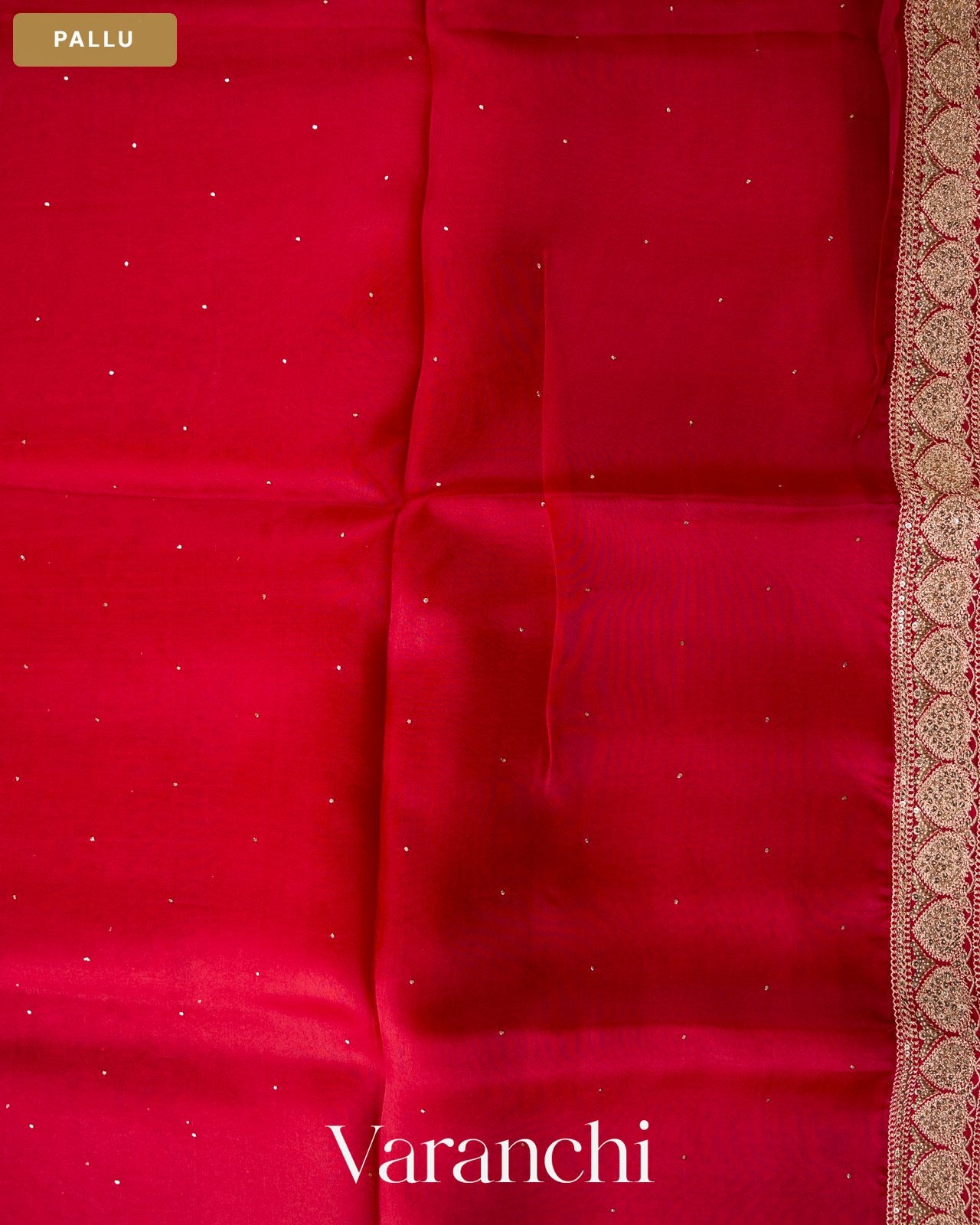 Ruby Red Sequence Bordered Pure Kora Silk Saree — Pallu