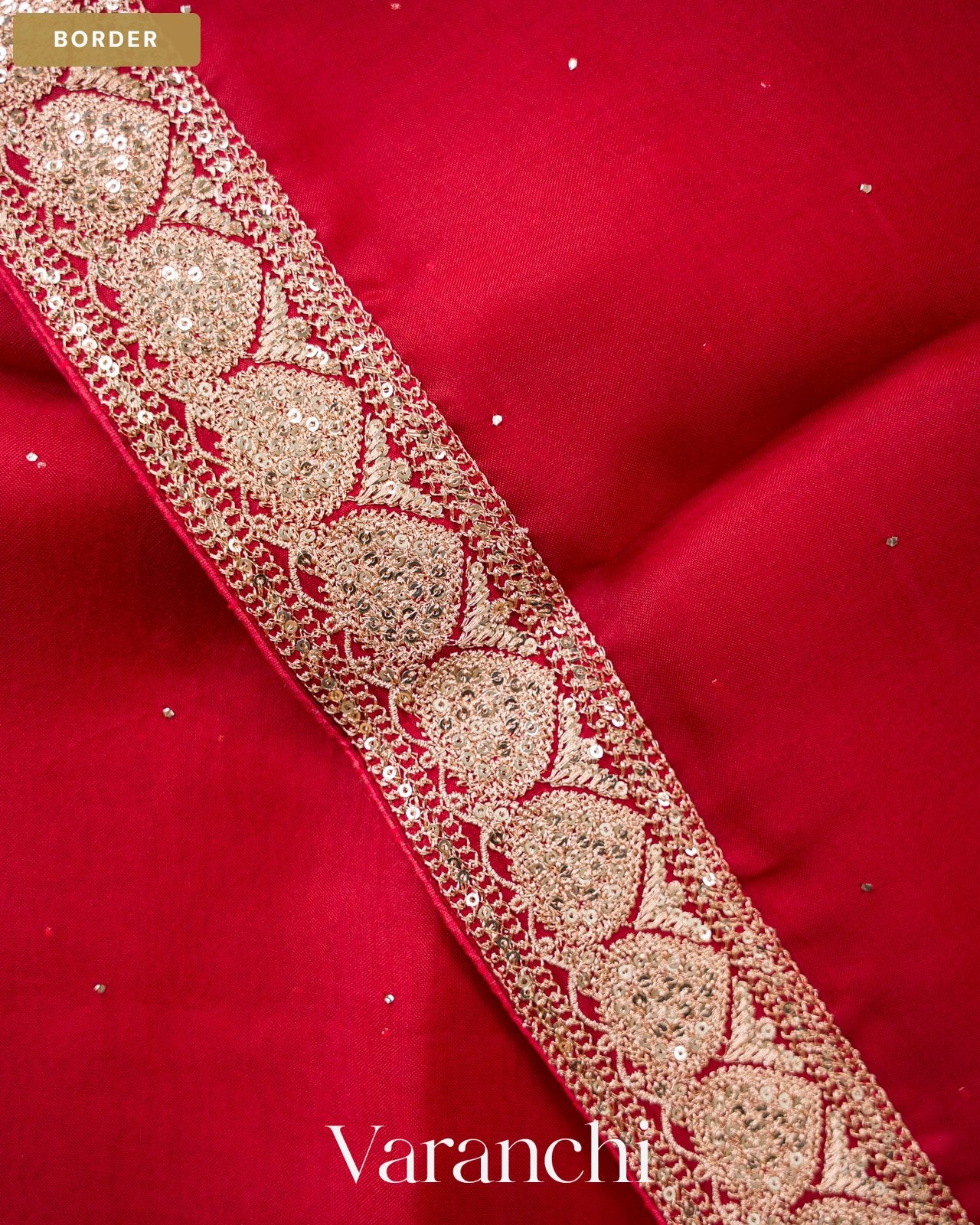 Ruby Red Sequence Bordered Pure Kora Silk Saree — Border