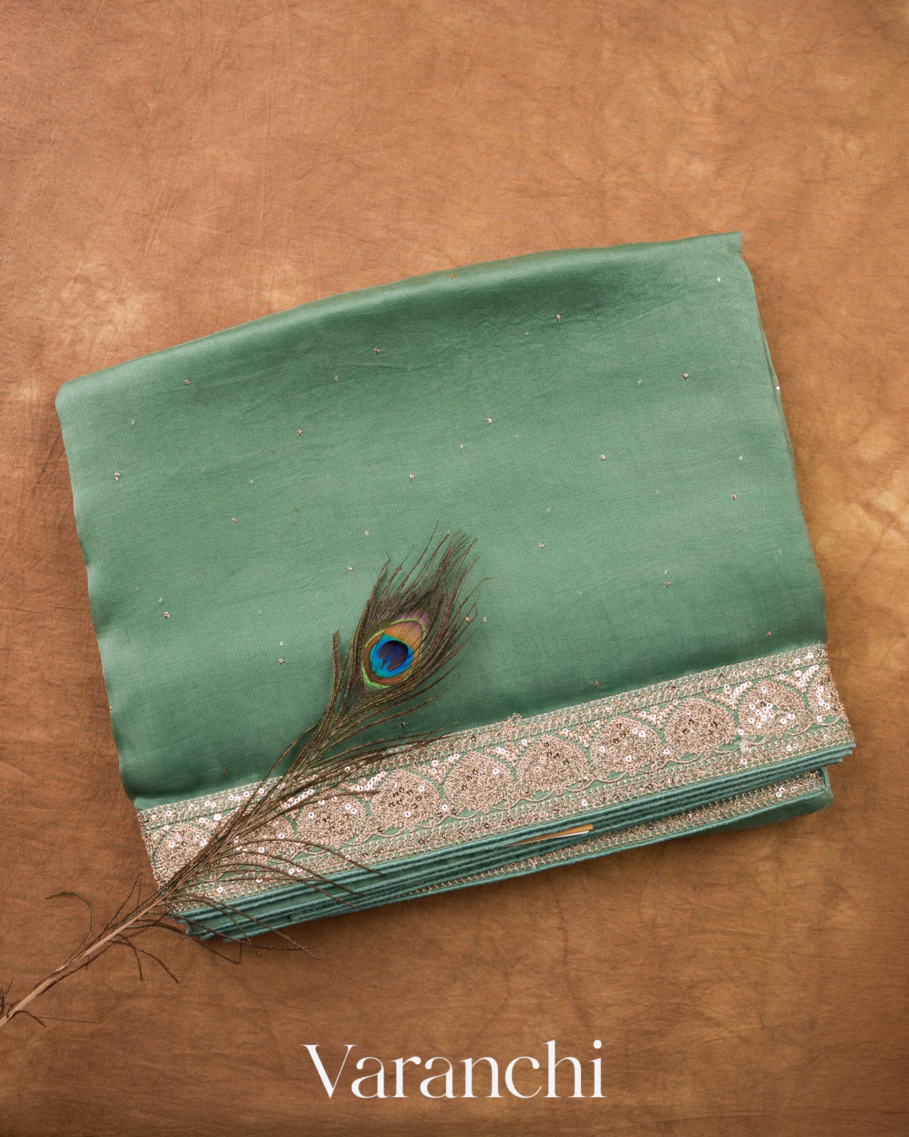 Aqua Blue Sequence Bordered Pure Kora Silk Saree — Folded