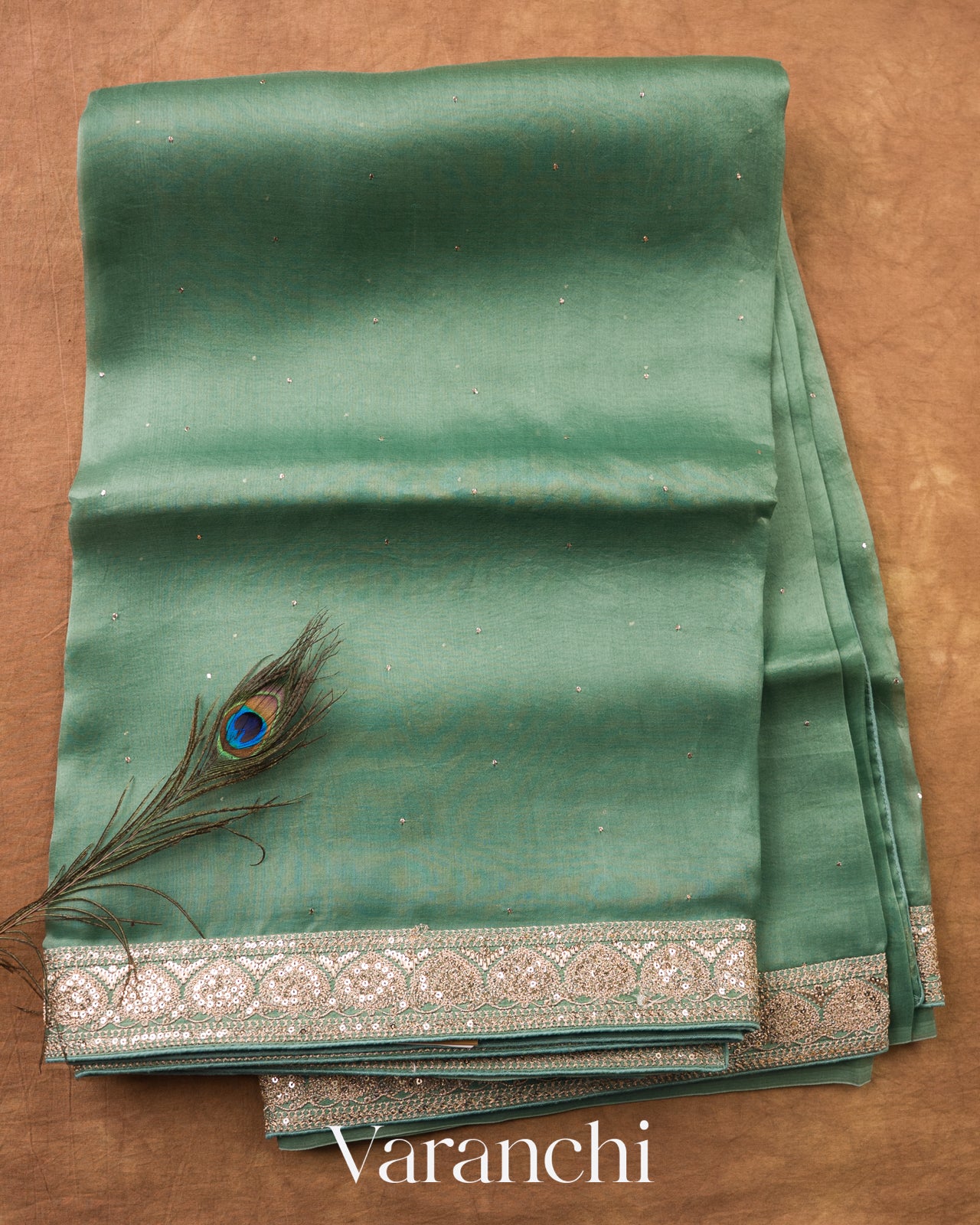 Aqua Blue Sequence Bordered Pure Kora Silk Saree — Full Saree