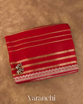 Ruby Red Tissue Striped and Sequin Embroidered Pure Kora Silk Saree — Folded