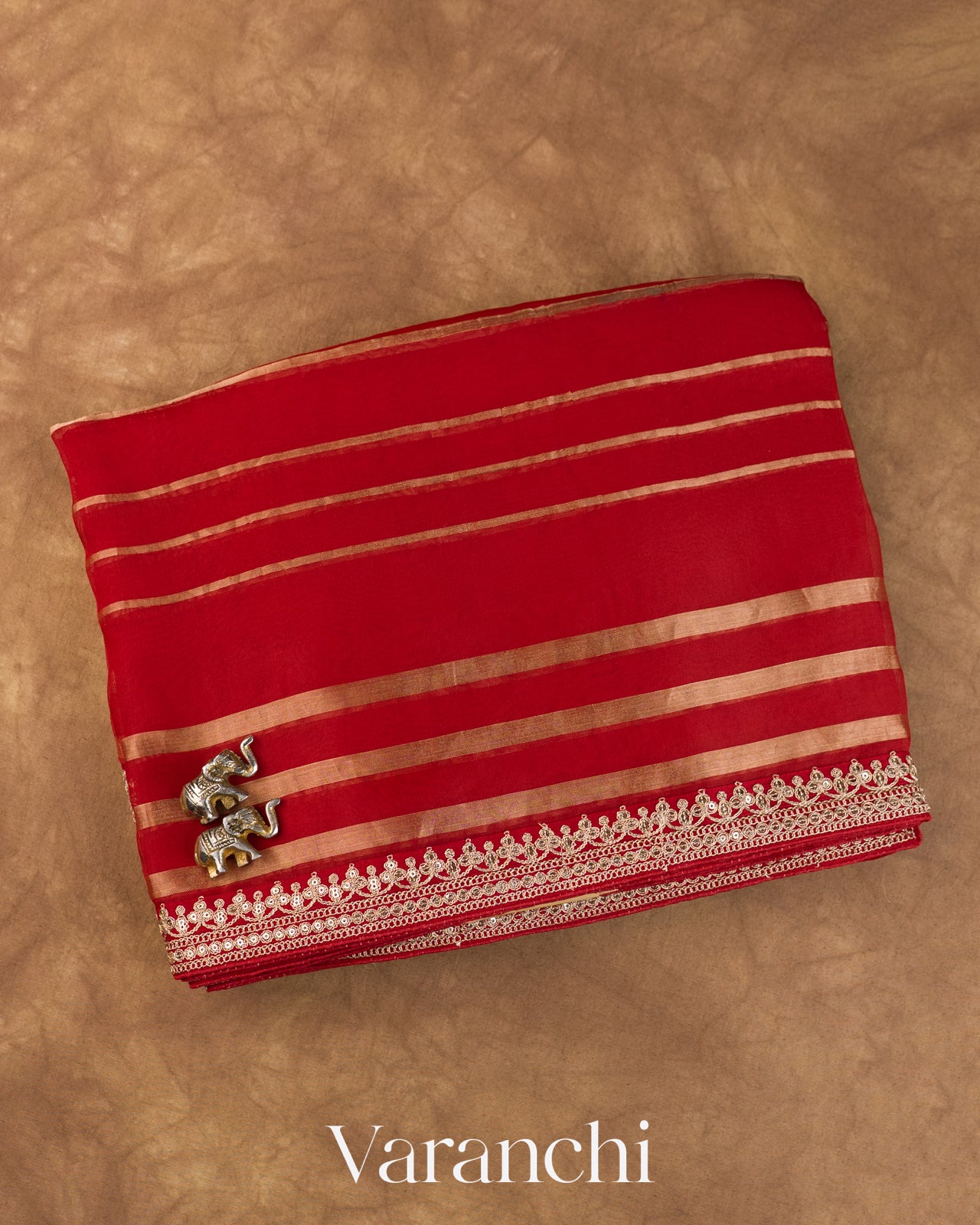 Ruby Red Tissue Striped and Sequin Embroidered Pure Kora Silk Saree — Folded