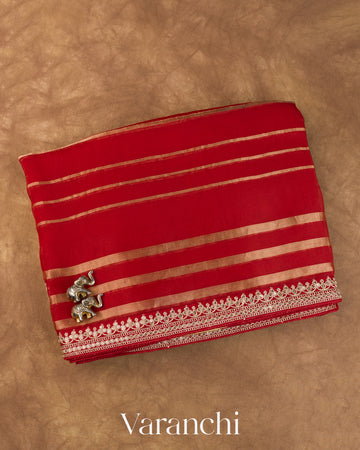 Ruby Red Tissue Striped and Sequin Embroidered Pure Kora Silk Saree — Folded