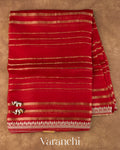 Ruby Red Tissue Striped and Sequin Embroidered Pure Kora Silk Saree — Full Saree