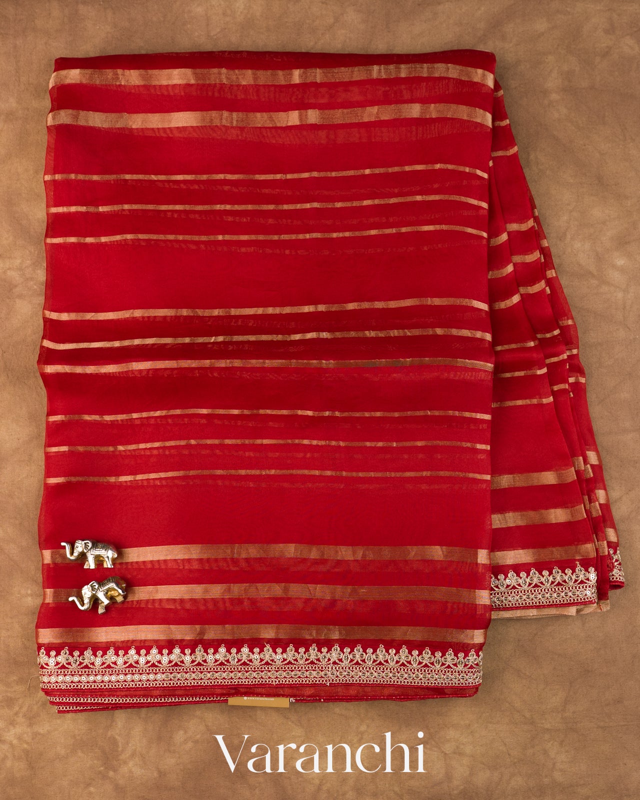Ruby Red Tissue Striped and Sequin Embroidered Pure Kora Silk Saree — Full Saree