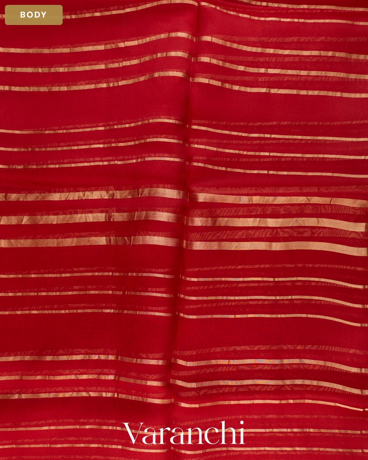 Ruby Red Tissue Striped and Sequin Embroidered Pure Kora Silk Saree — Body