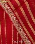 Ruby Red Tissue Striped and Sequin Embroidered Pure Kora Silk Saree — Border