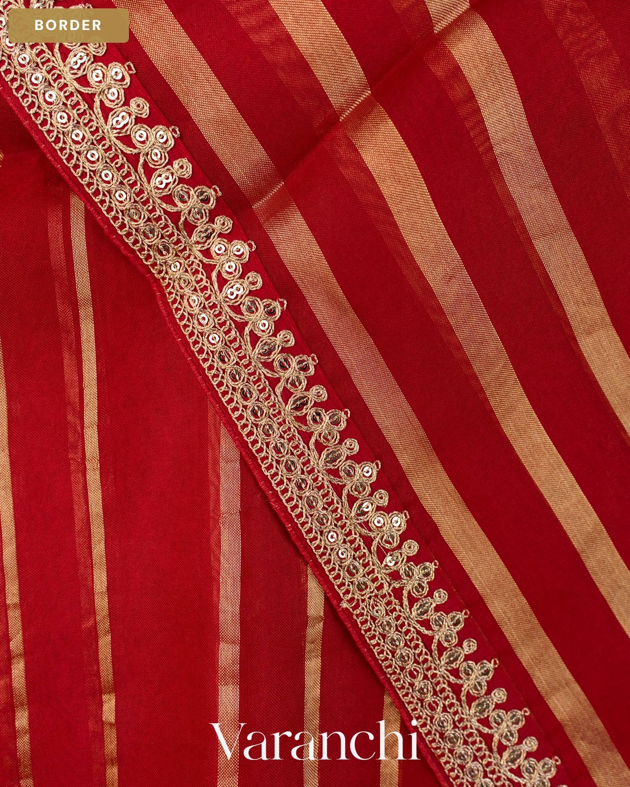 Ruby Red Tissue Striped and Sequin Embroidered Pure Kora Silk Saree — Border