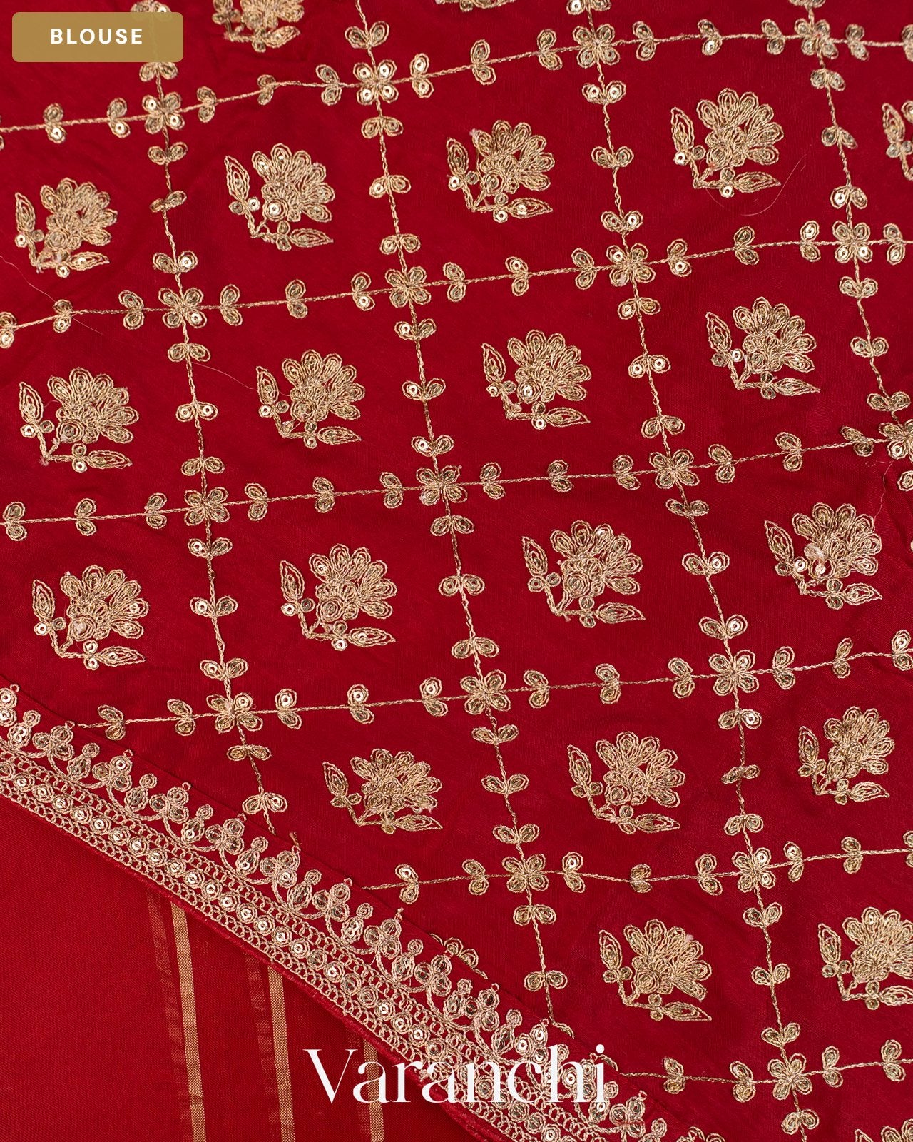 Ruby Red Tissue Striped and Sequin Embroidered Pure Kora Silk Saree — Blouse