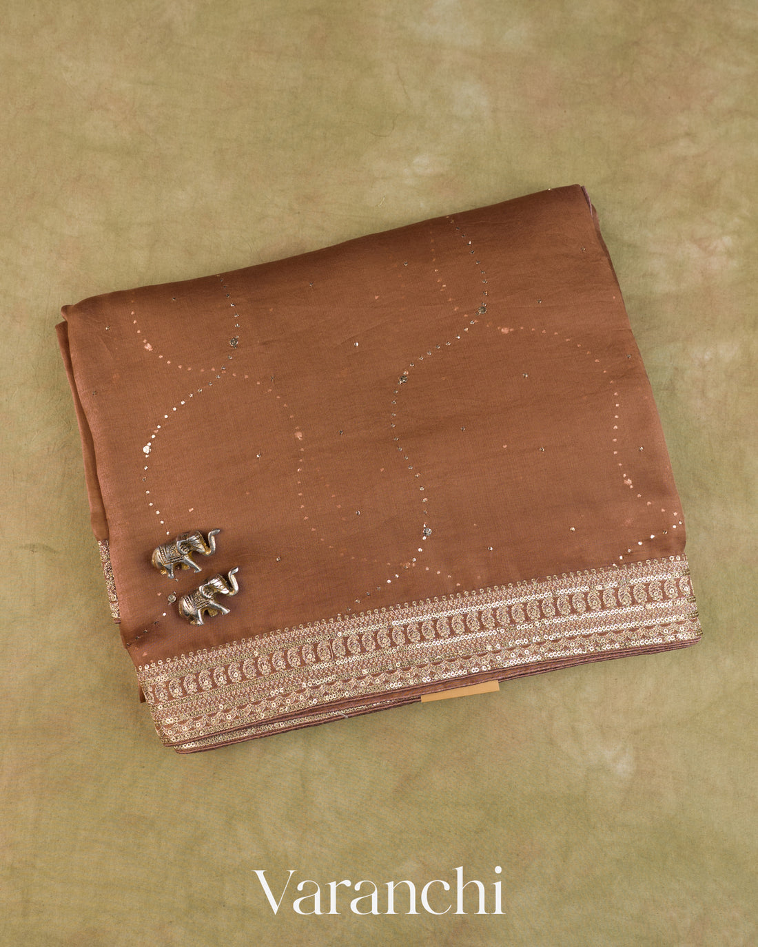 Earthy Brown Mukaish Work Pure Kora Silk Handloom Saree — Folded