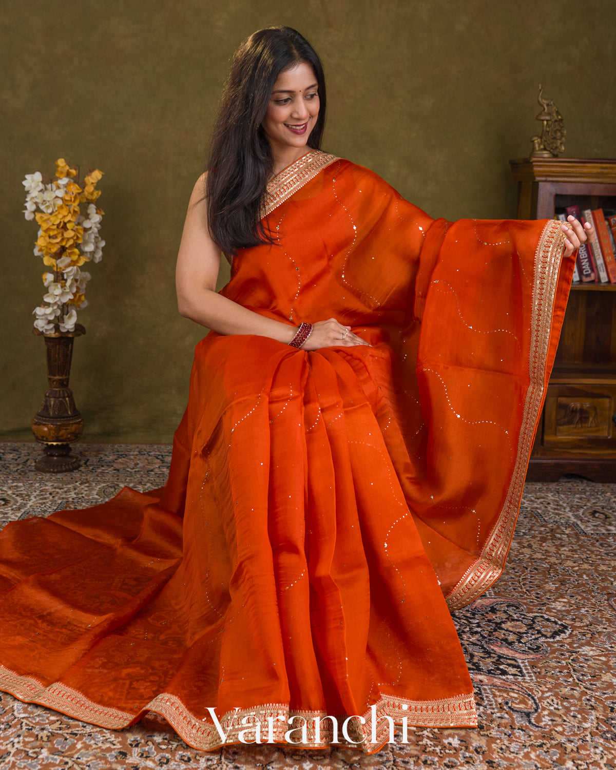 Rust Orange Mukaish Work Pure Kora Silk Handloom Saree — Draped