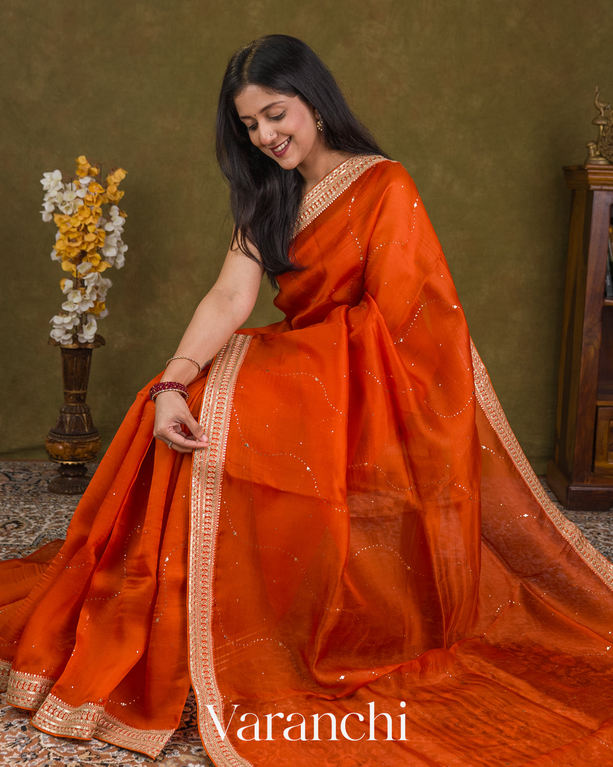 Rust Orange Mukaish Work Pure Kora Silk Handloom Saree — Draped