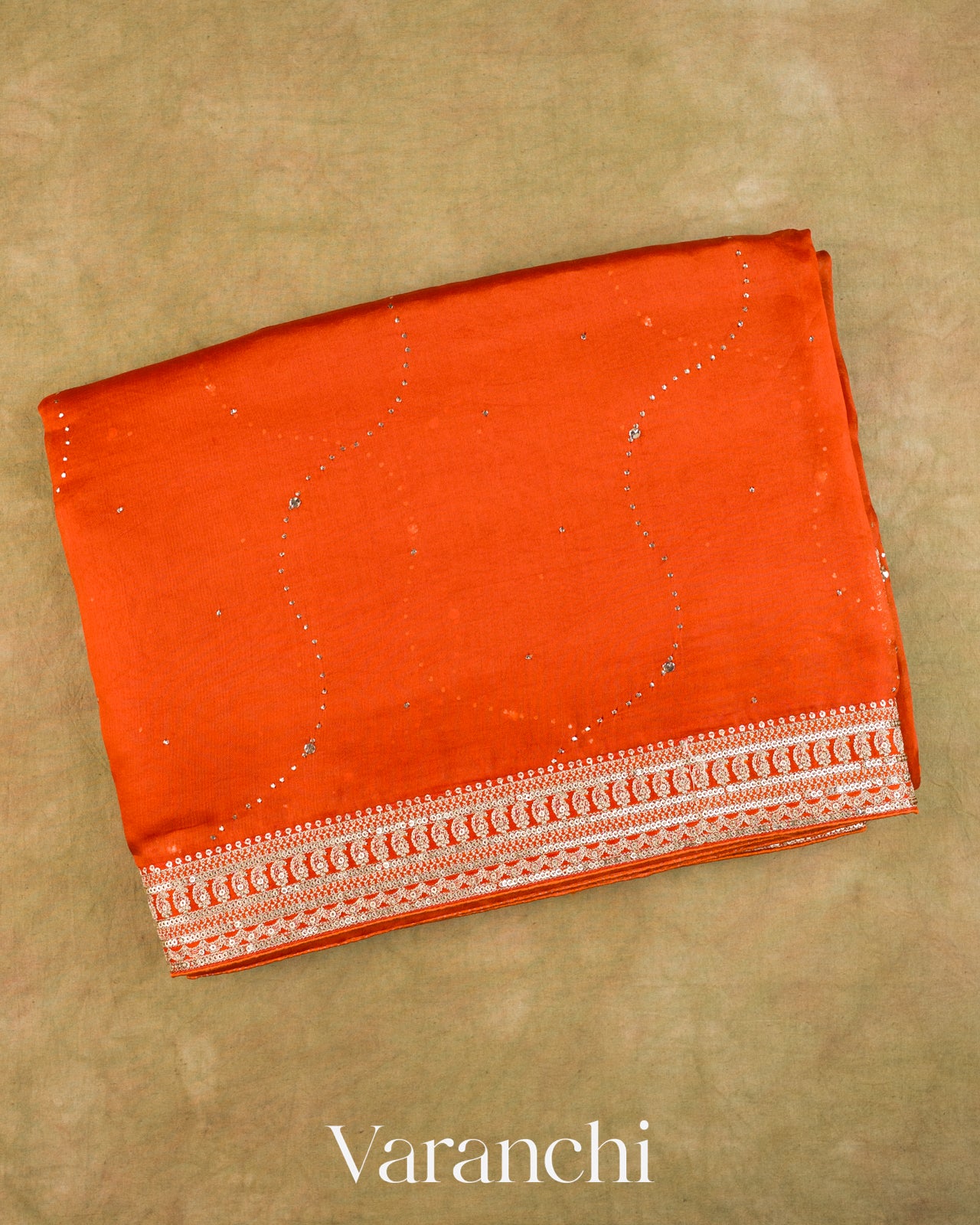 Rust Orange Sequence Bordered Pure Kora Silk Saree — Folded