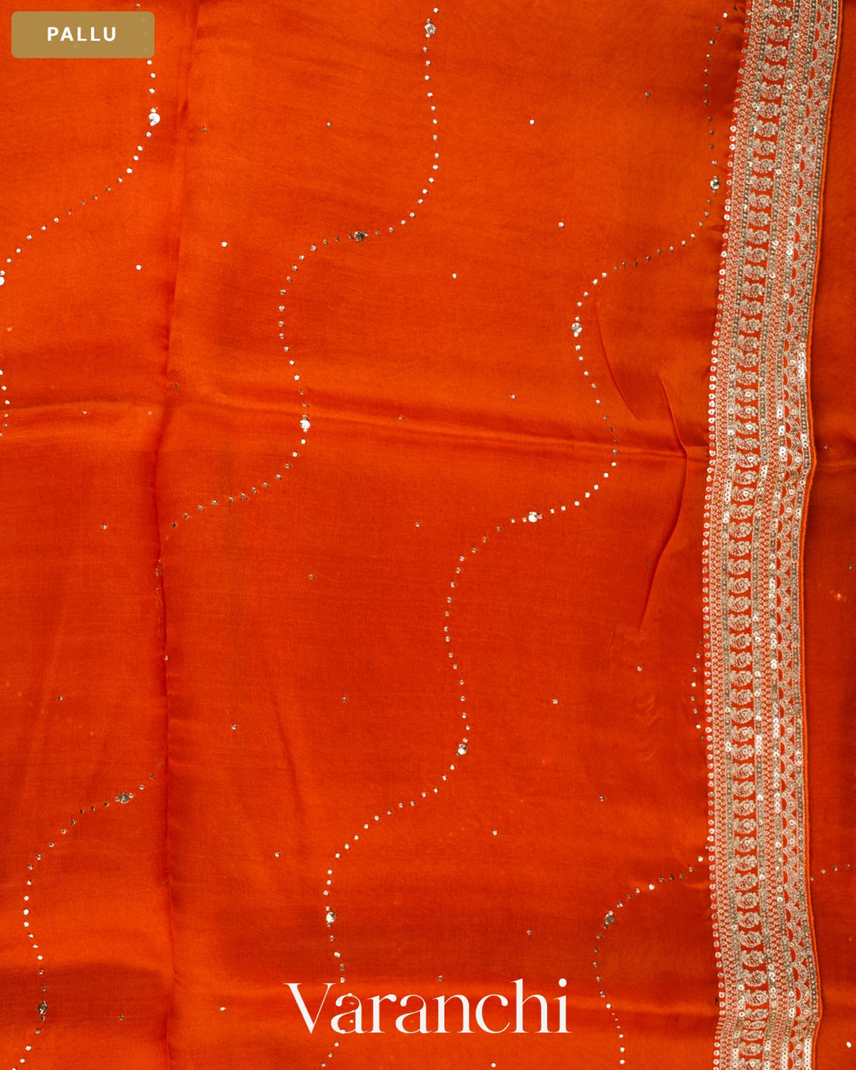 Rust Orange Mukaish Work Pure Kora Silk Handloom Saree — Pallu
