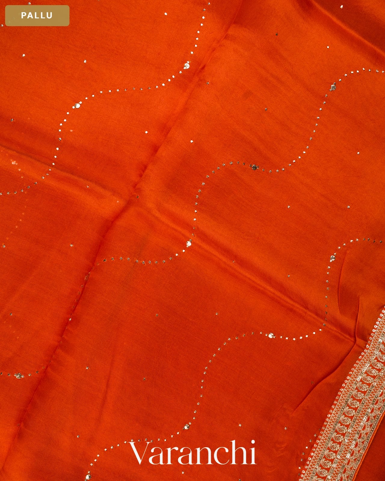 Rust Orange Sequence Bordered Pure Kora Silk Saree — Pallu
