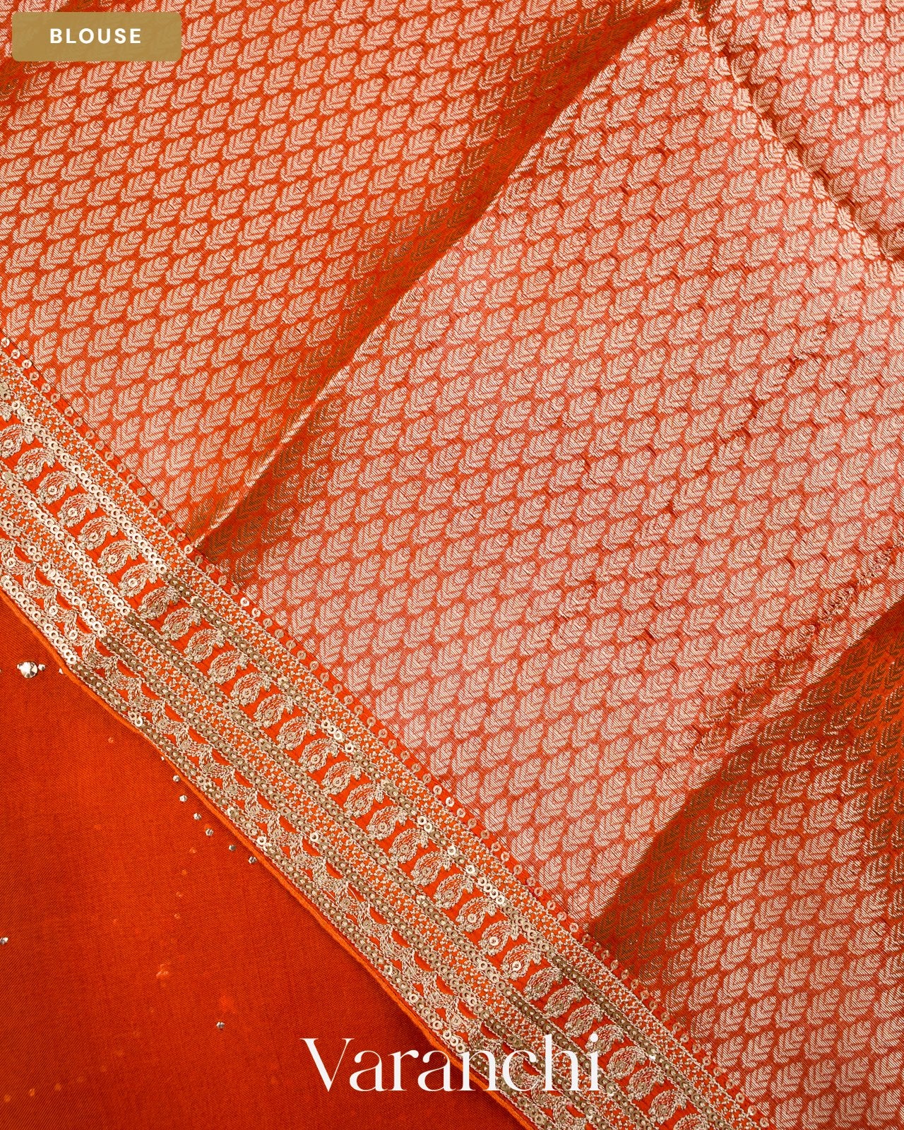 Rust Orange Sequence Bordered Pure Kora Silk Saree — Blouse
