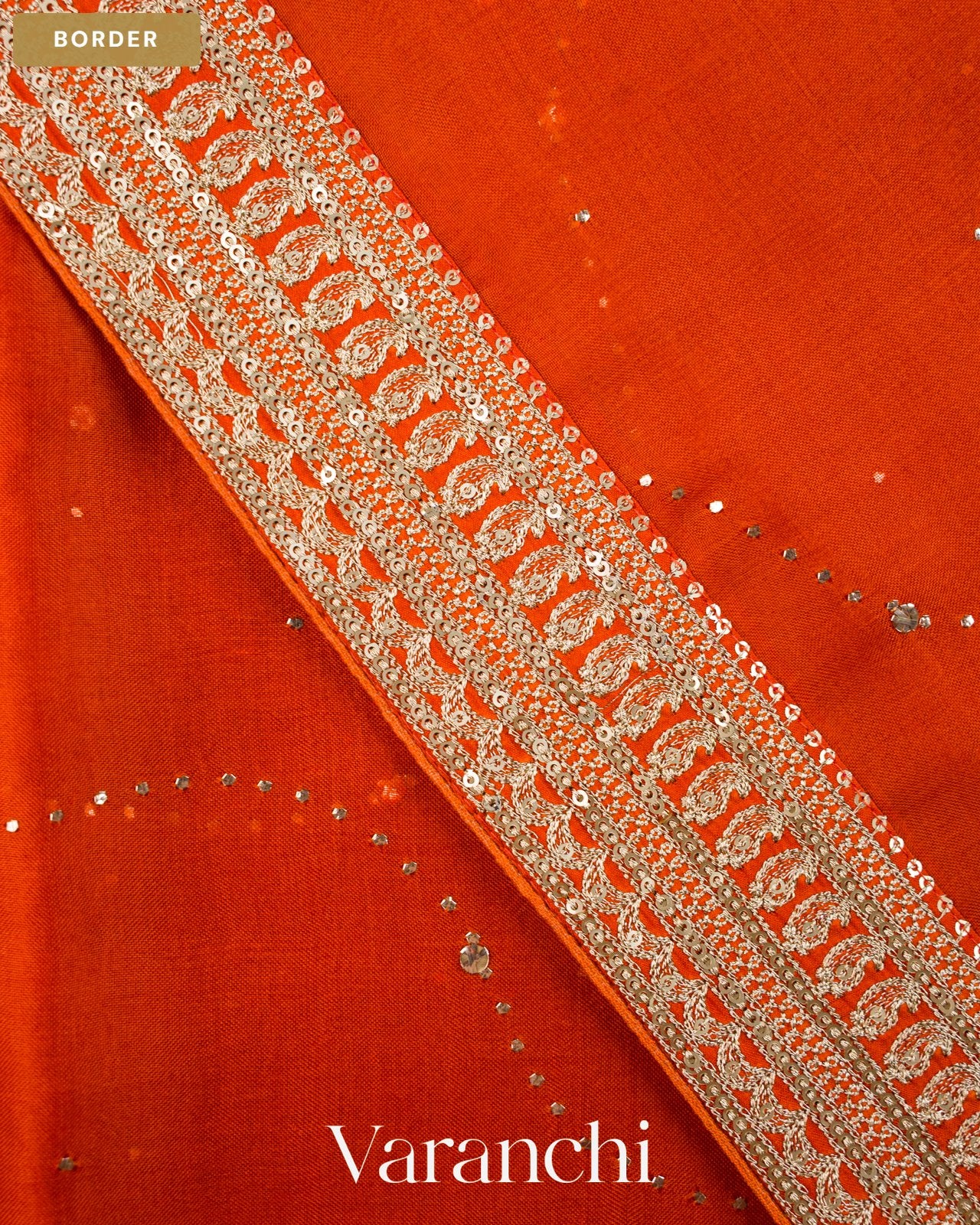 Rust Orange Sequence Bordered Pure Kora Silk Saree — Border