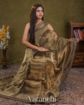 Black and Gold Sequin Embroidery Bordered Pure Tissue Kora Silk Saree — Draped